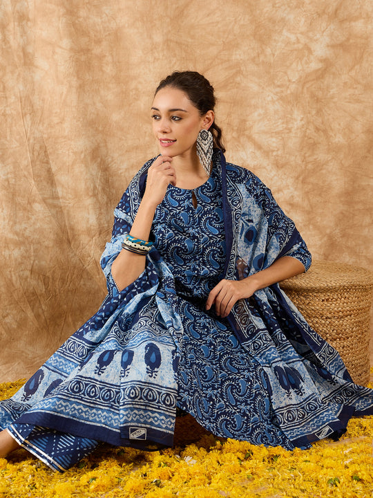 Indo Era Blue Printed Straight Kurta Palazzo With Dupatta Set