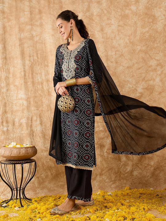 Indo Era Black Printed Straight Kurta Palazzos With Dupatta Set