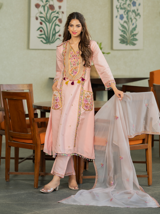 Pink Embroidered A-Line Kurta Trousers With Dupatta