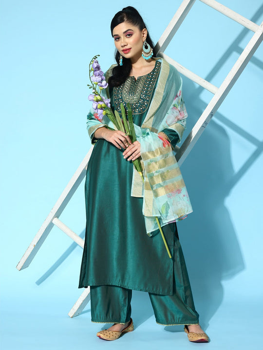 Indo Era Teal Embroidered Straight Kurta Trouser With Dupatta Set