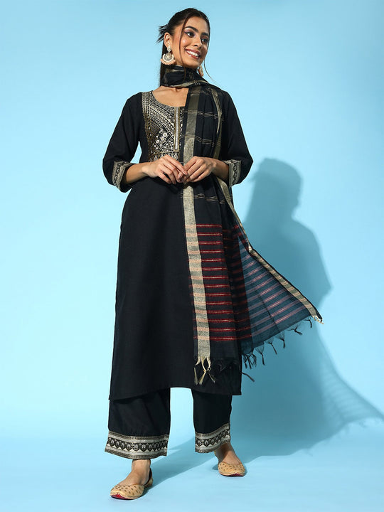 Indo Era Solid Black Straight Kurta Palazzo With Dupatta Set
