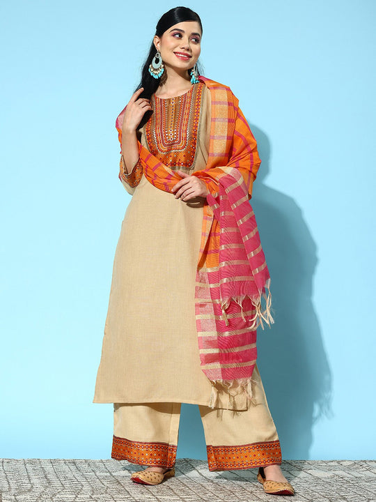 Indo Era Beige Solid Straight Kurta Palazzo With Dupatta Set
