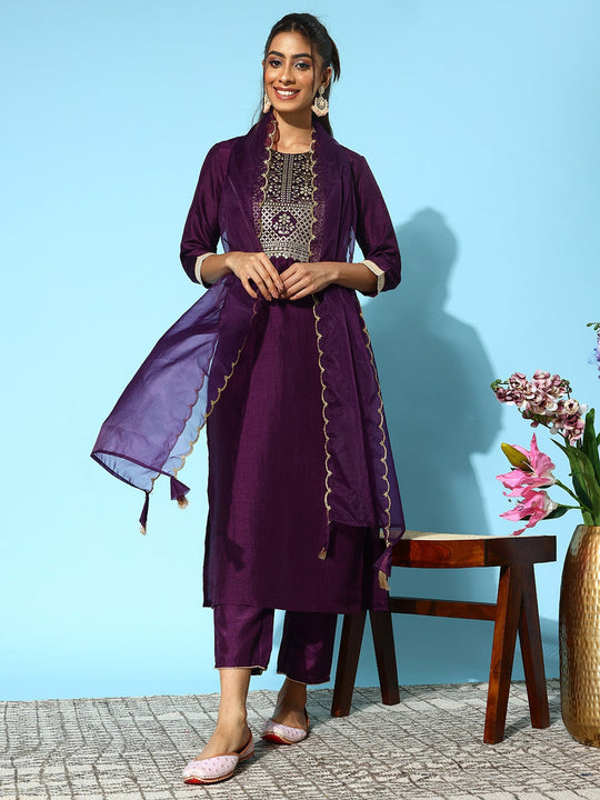 Indo Era Purple Solid Straight Kurta Palazzo With Dupatta Set