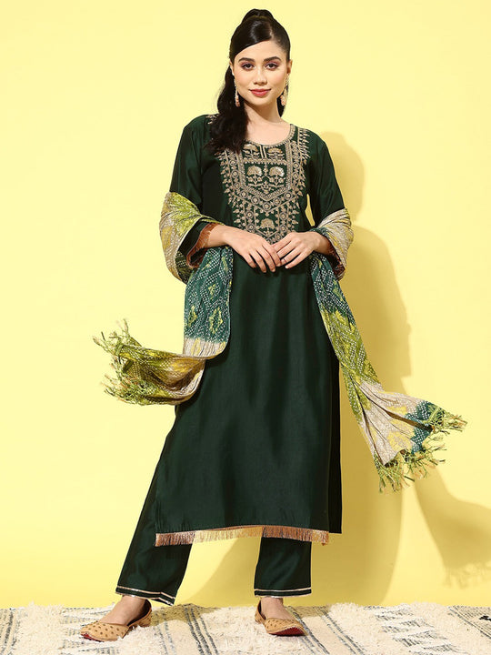 Indo Era Green Embroidered Straight Kurta Trouser With Dupatta Set