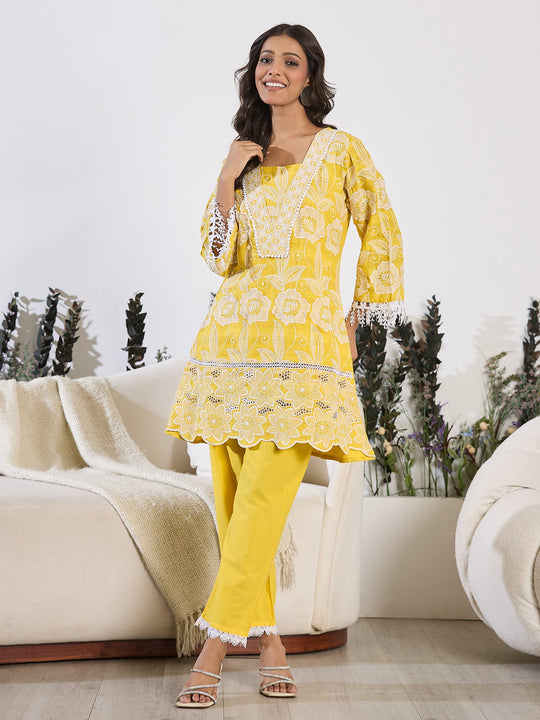 Mustard Embroidered A-Line Kurta Trousers set