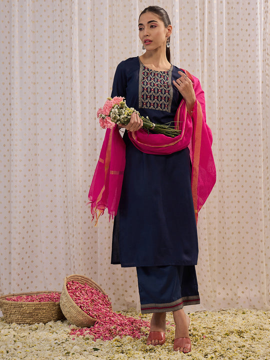 Indo Era Navy Blue Solid Straight Kurta Palazzo with Dupatta Set