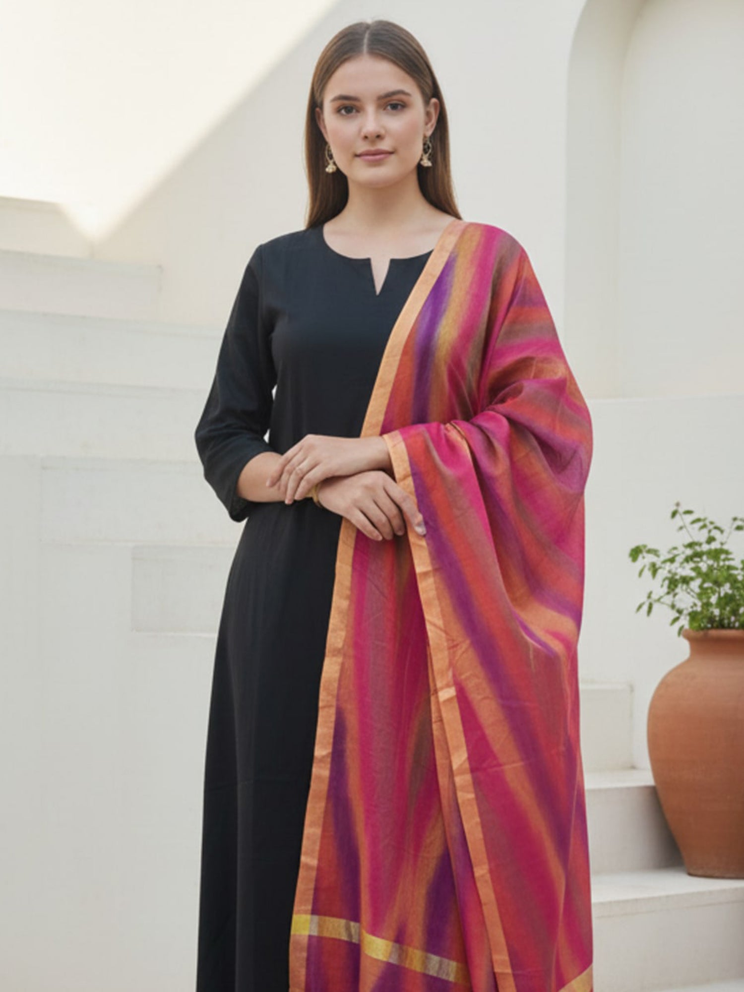 Indo Era Black Solid A-Line Kurta Trousers With Dupatta Set