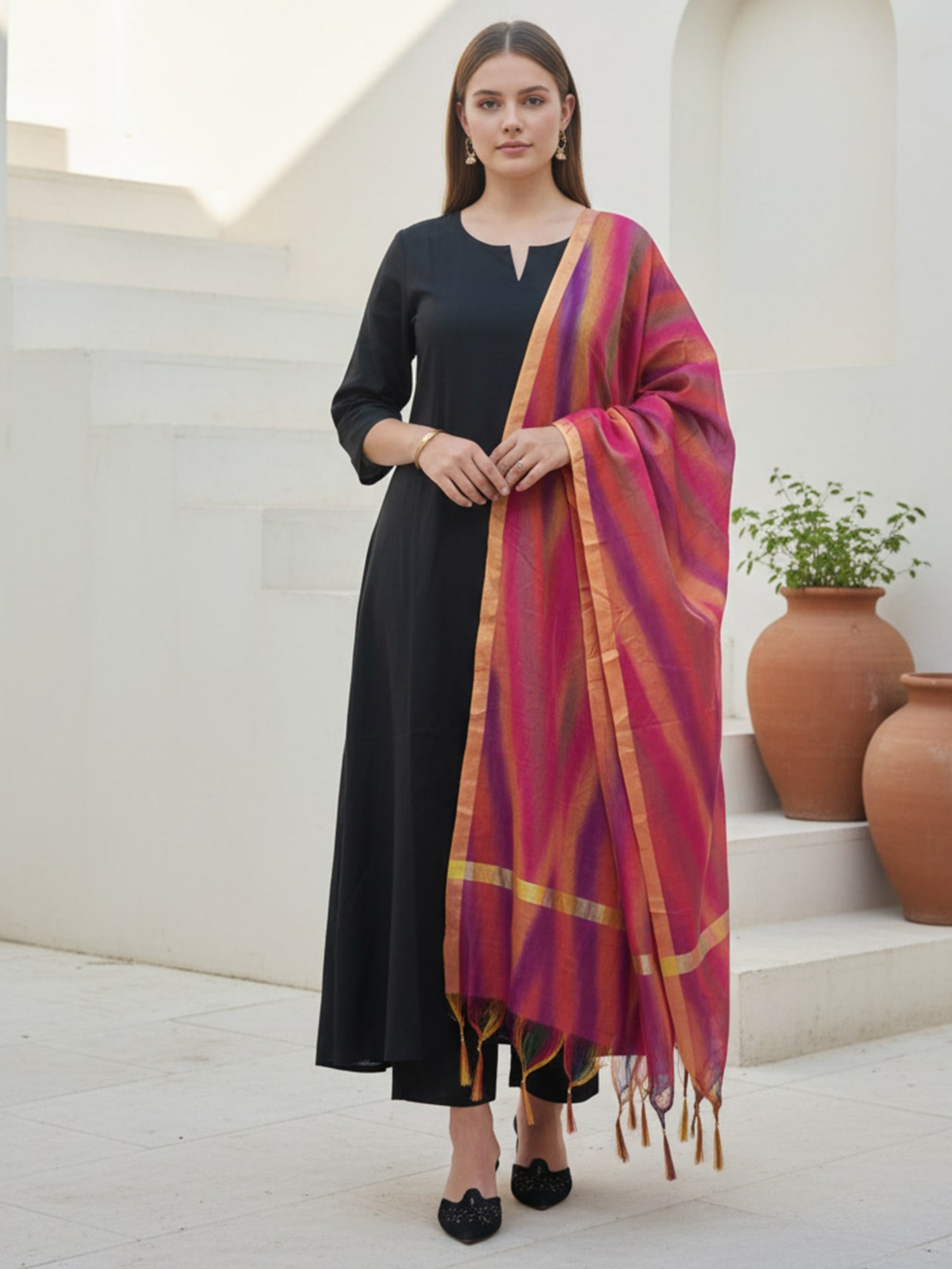 Indo Era Black Solid A-Line Kurta Trousers With Dupatta Set