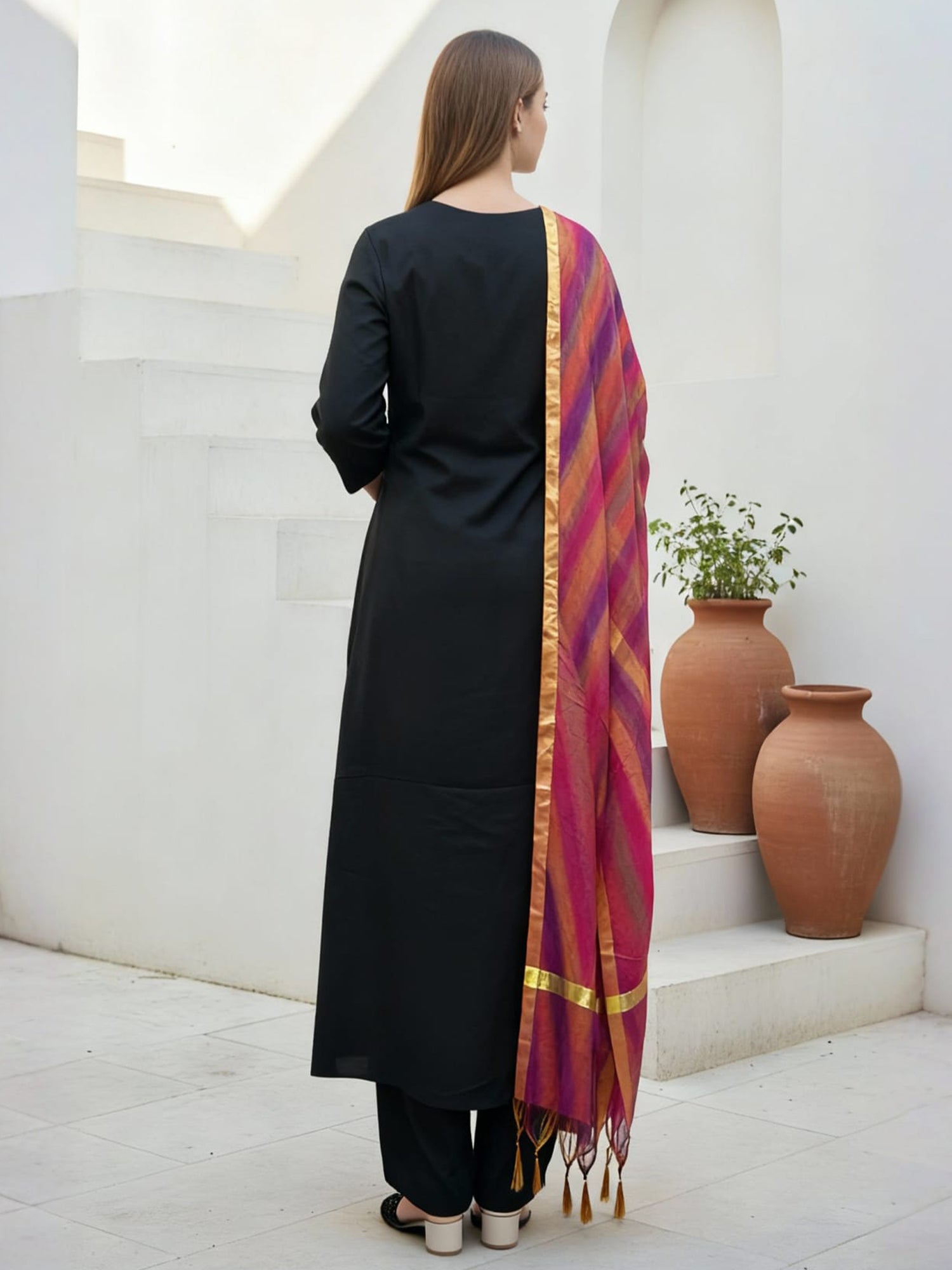 Indo Era Black Solid A-Line Kurta Trousers With Dupatta Set