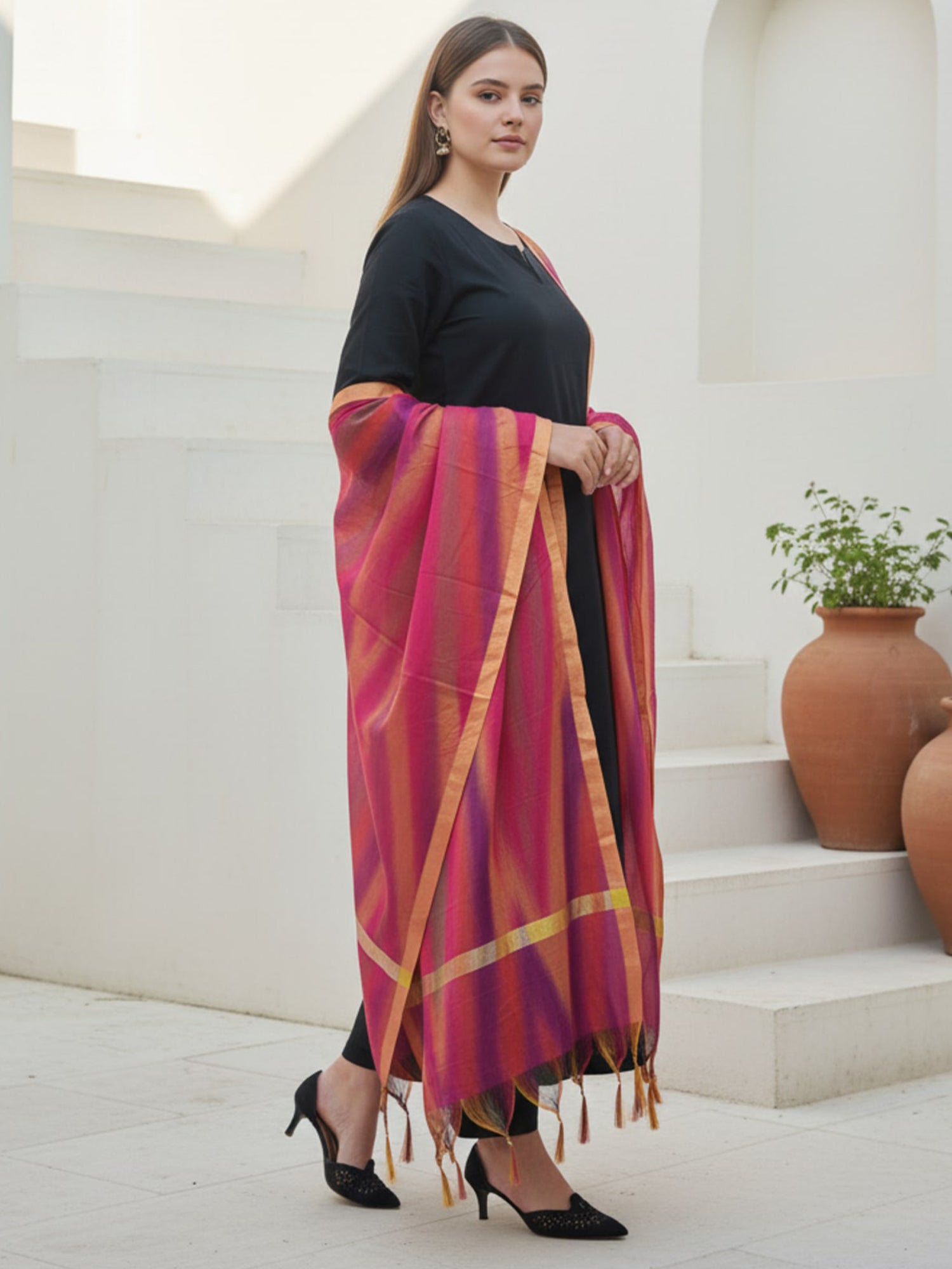 Indo Era Black Solid A-Line Kurta Trousers With Dupatta Set