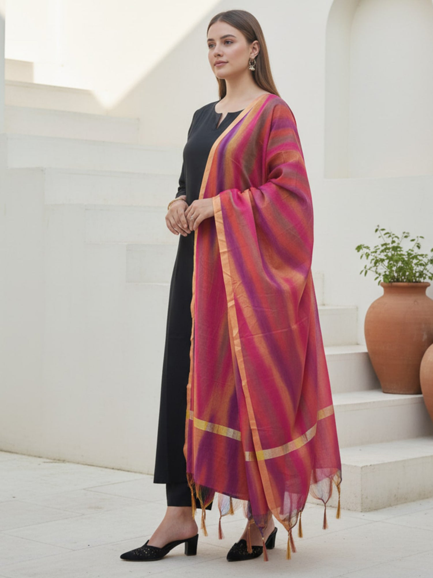 Indo Era Black Solid A-Line Kurta Trousers With Dupatta Set