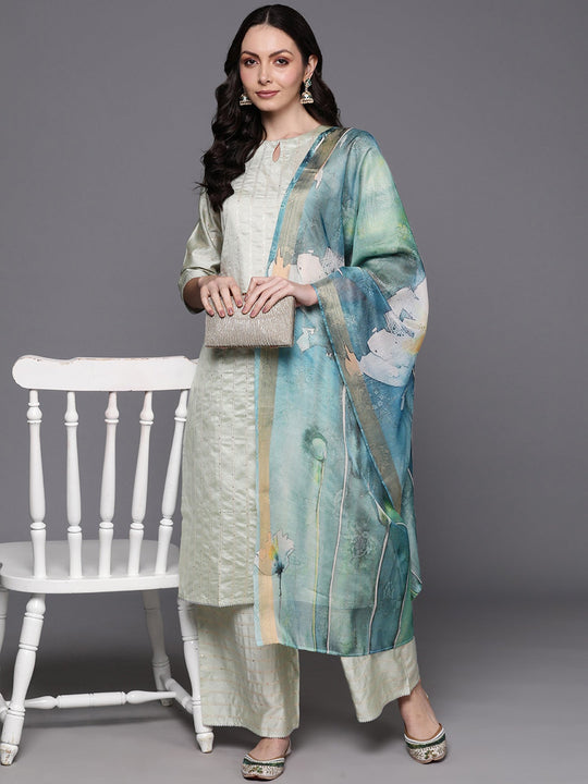 Indo Era Sea Green Striped Straight Kurta Palazzos With Dupatta Set