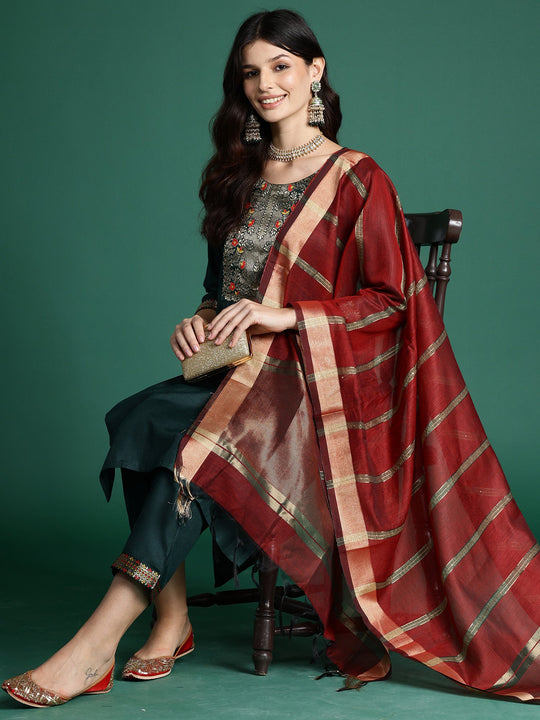 Indo Era Green Yoke Design Straight Kurta Trousers With Dupatta set