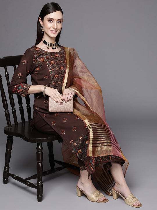 Indo Era Brown Foil Printed Straight Kurta Palazzo With Dupatta Set