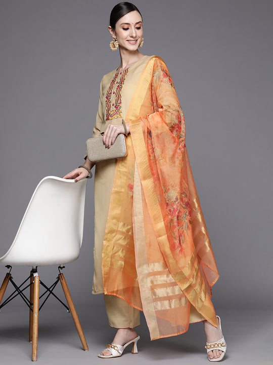 Indo Era Beige Embroidered Straight Kurta Palazzo With Dupatta Set