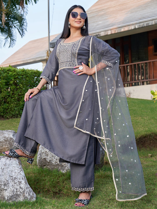 Indo Era Grey Embroidered Straight Kurta Palazzos With Dupatta Set