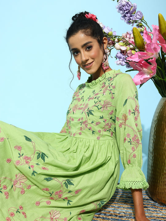 Indo Era Green Floral Embroidered Embellished Bell Sleeves A-Line Midi Ethnic Dress
