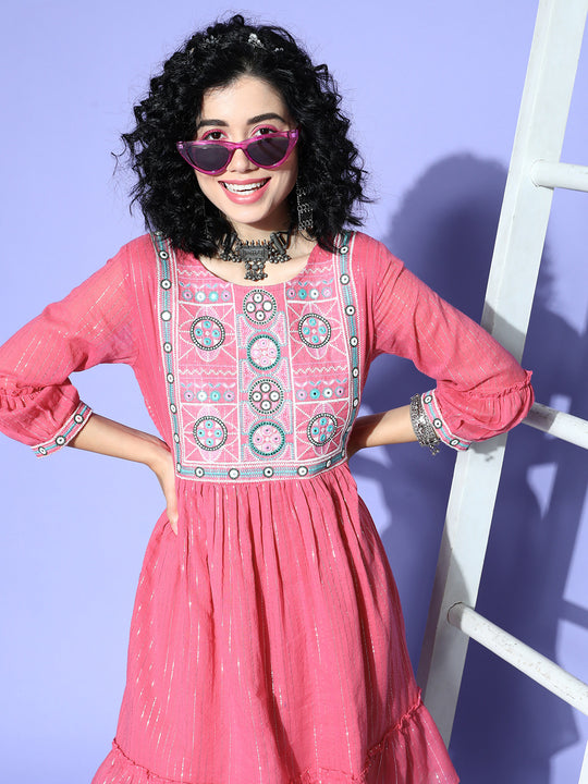 Indo Era Pink Embroidered A-line Dress