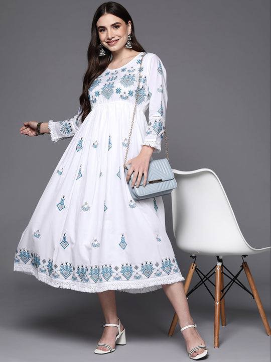 Indo Era White Ethnic Motifs Embroidered A-Line Midi Dress