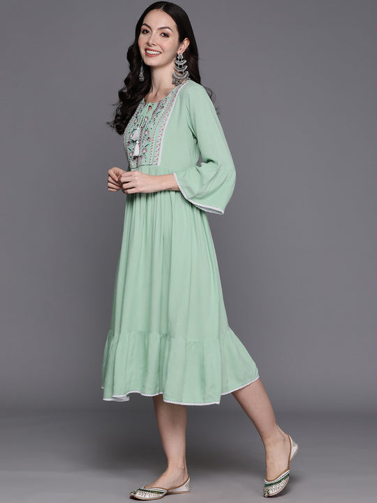 Indo Era Blue Floral Embroidered A-Line Midi Ethnic Dress