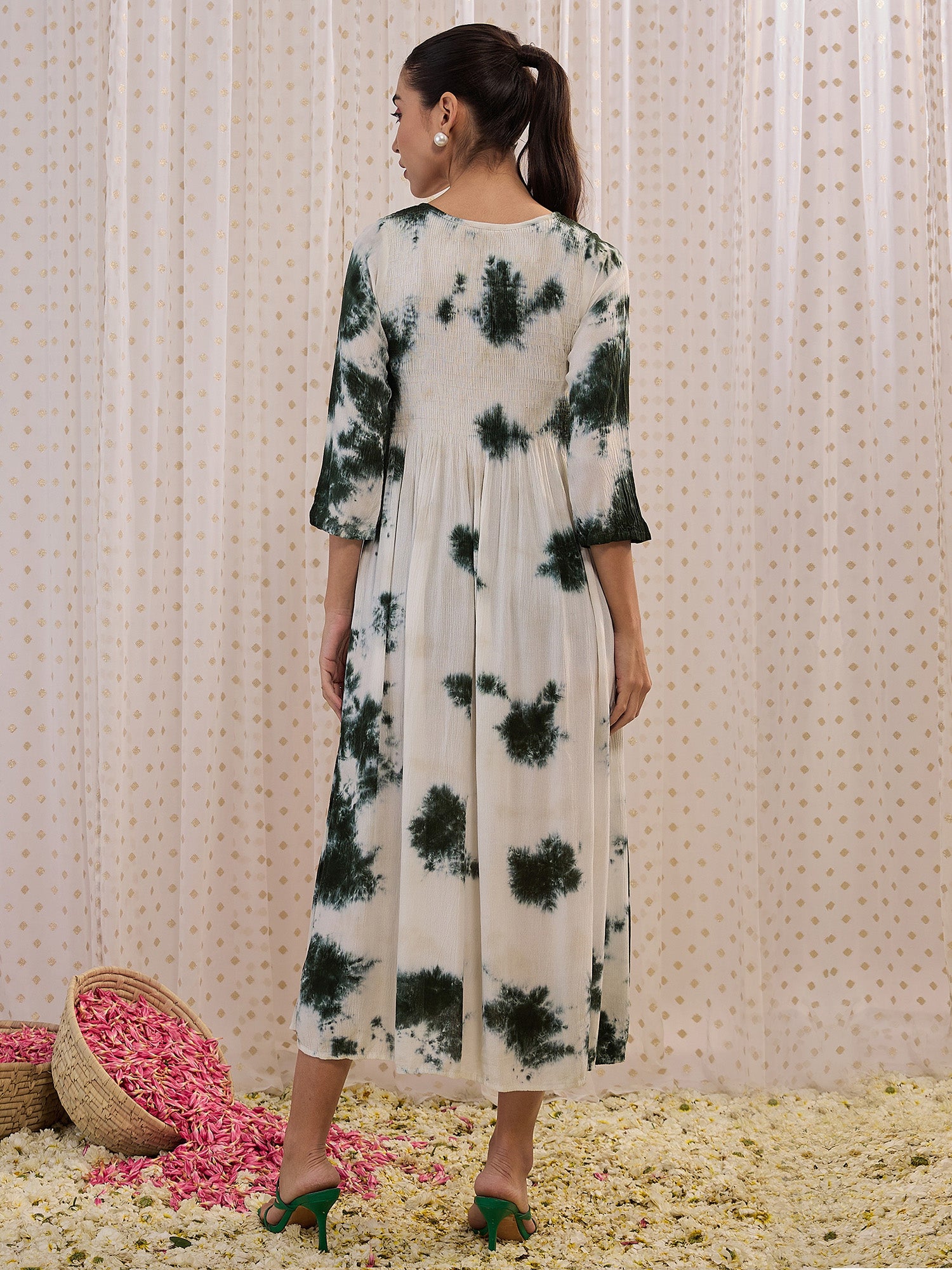 Indo Era Green tie & dyed  fit & flare dress