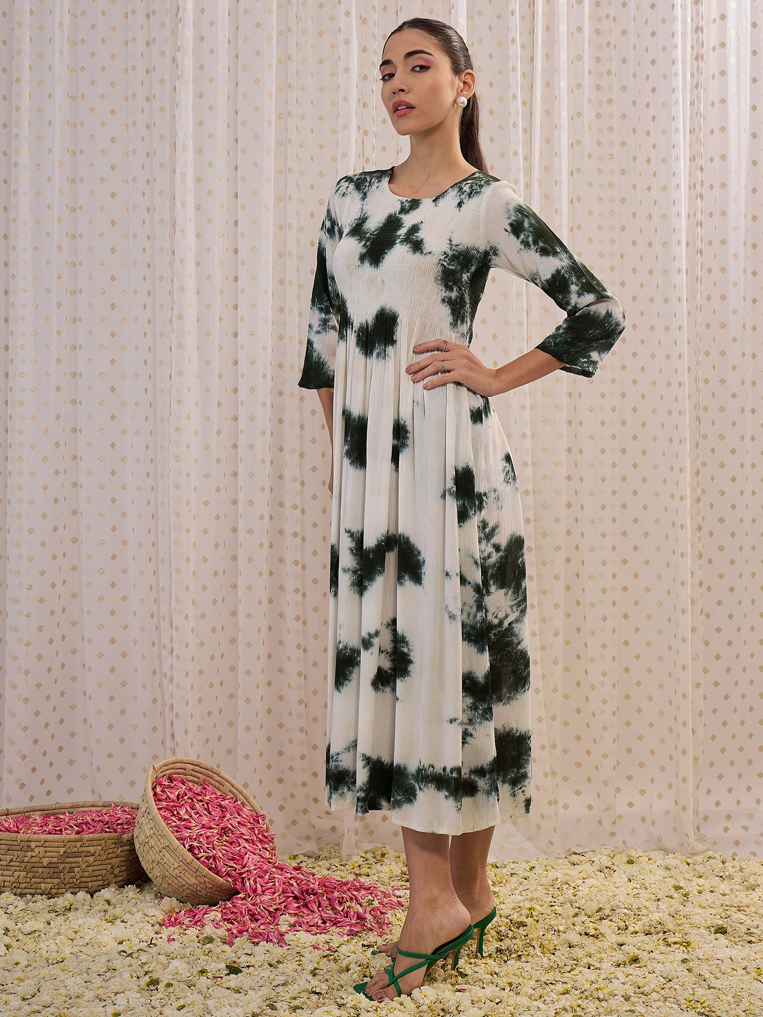 Indo Era Green tie & dyed  fit & flare dress