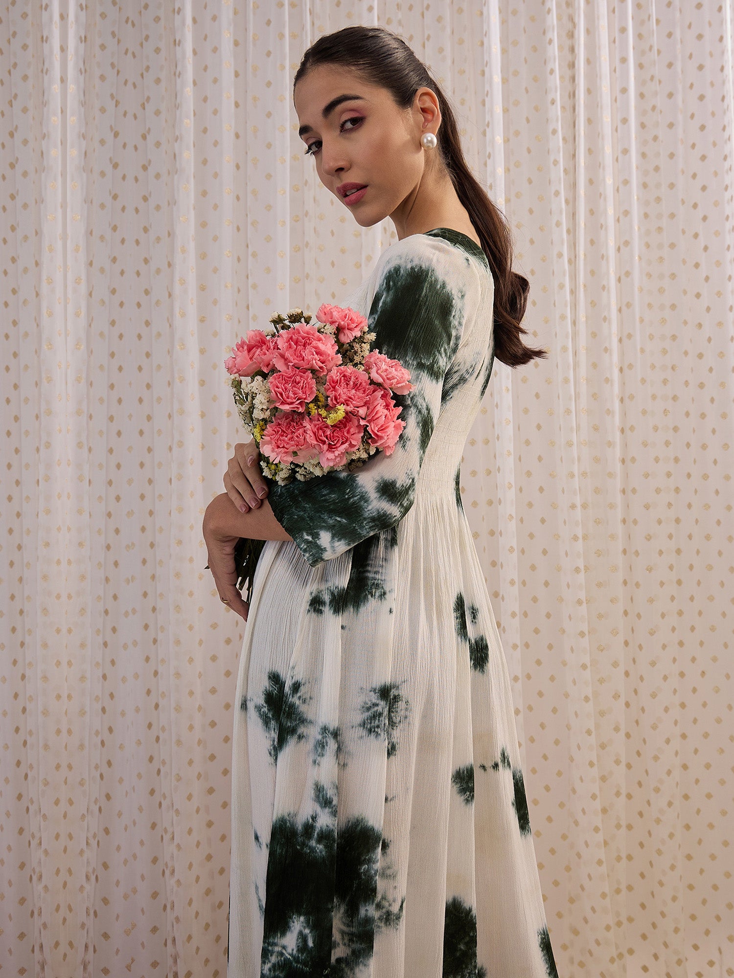 Indo Era Green tie & dyed  fit & flare dress