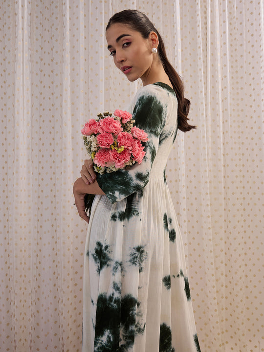 Indo Era Green tie & dyed  fit & flare dress