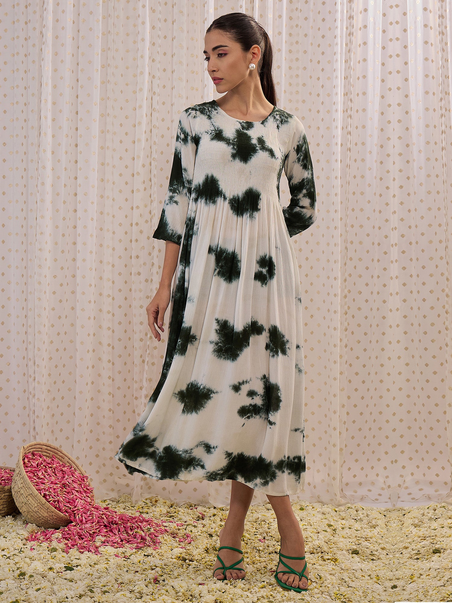 Indo Era Green tie & dyed  fit & flare dress