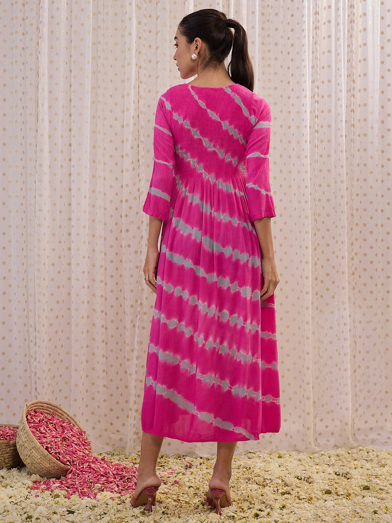 Indo Era Pink Printed Fit & Flare Midi Dress