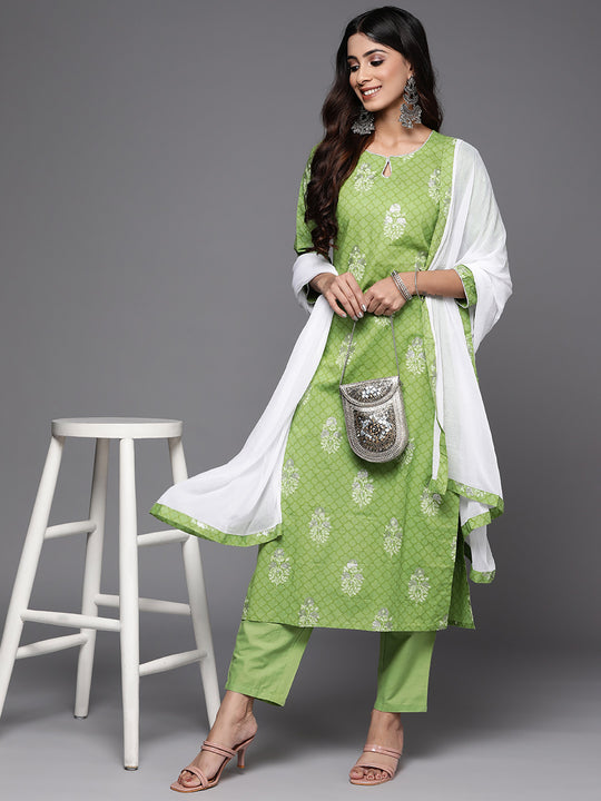 Indo Era Green Printed Straight Kurta Trouser With Dupatta Set
