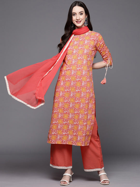 Indo Era Pink Printed Straight Kurta Trouser With Dupatta Set