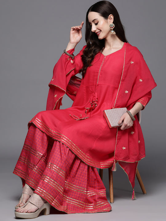 Indo Era Red Solid Angharkha Kurta Trouser With Dupatta Set
