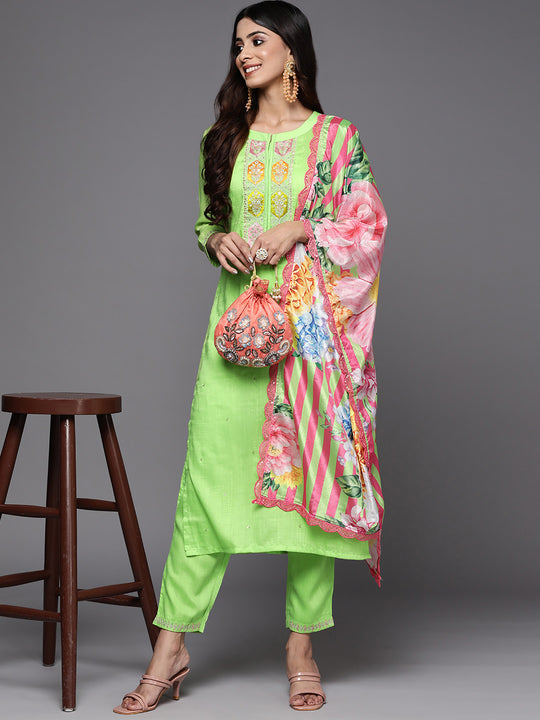 Indo Era Green Embroidered Straight Kurta Trouser With Dupatta Set