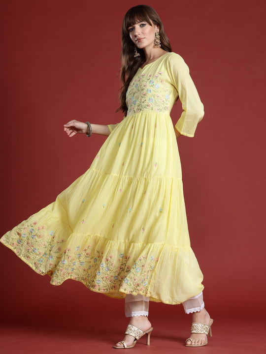 Indo Era Yellow Embroidered Anarkali Kurtas