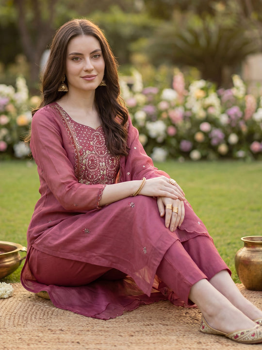 Pink Embroidered Straight Silk Blend Suit With Dupatta