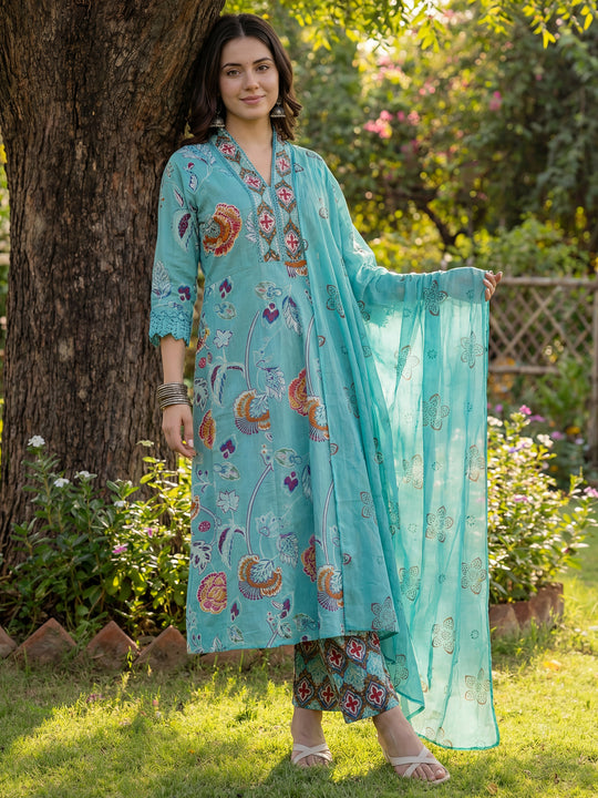 Sea Green Printed Pure Cotton Anarkali Kurta Sets With Dupatta
