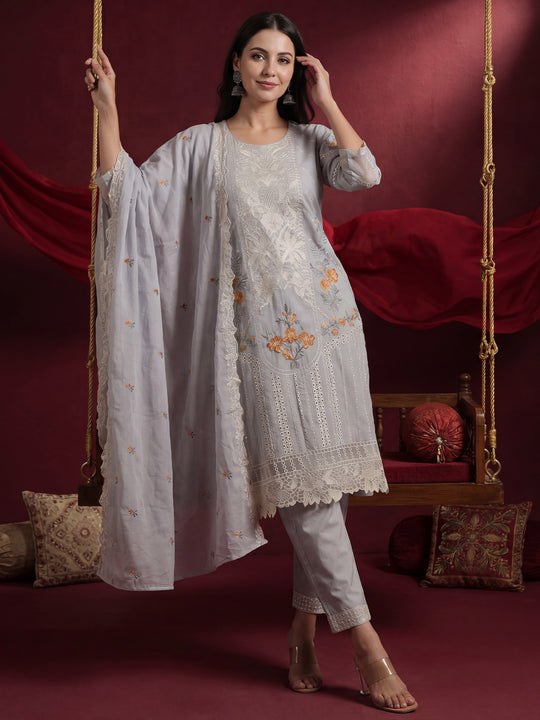 Blue Embroidered Pure Cotton Straight Suit Sets With Dupatta