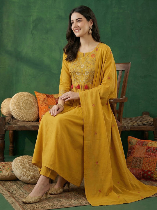 Mustard Embroidered Silk Blend A-Line Kurta Sets With Dupatta