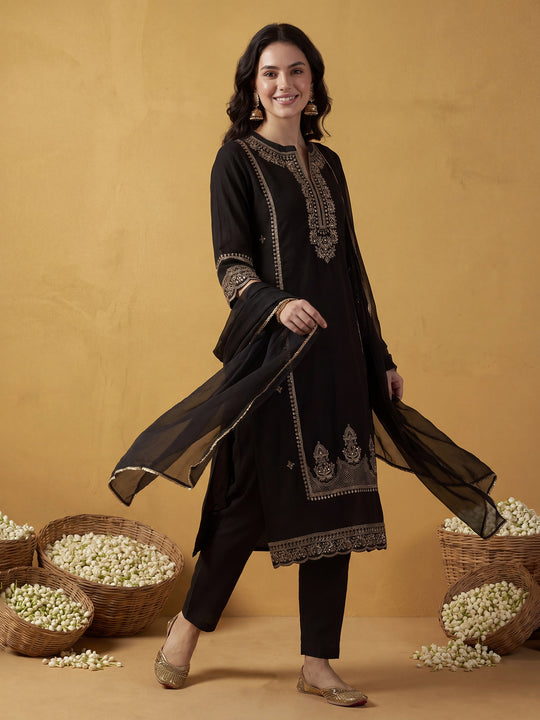 Indo Era Black Embroidered Straight Kurta Trousers With Dupatta Set