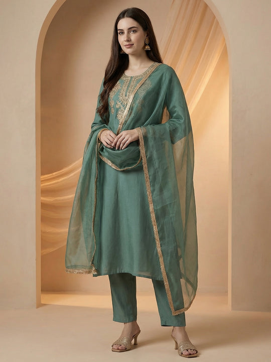 Indo Era Sea Green Embroidered Straight Kurta Trousers With Dupatta set