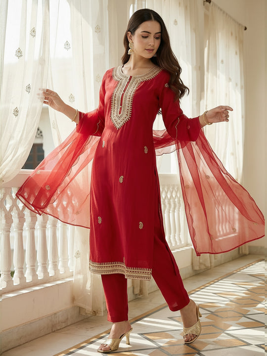 Indo Era Pink Embroidered Straight Kurta Trousers With Dupatta set