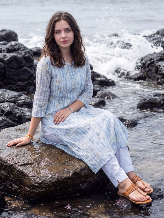 Blue Printed Pure Cotton A-Line Kurta Trousers Set