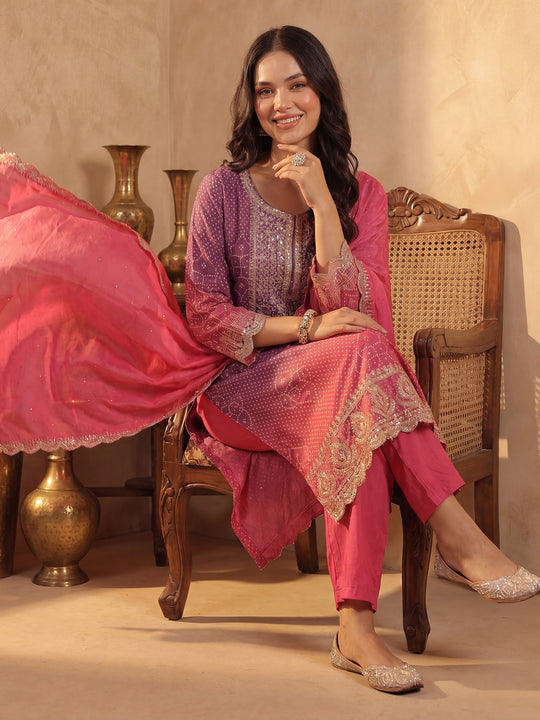 Purple Printed Silk Blend Straight Suit Sets With Dupatta