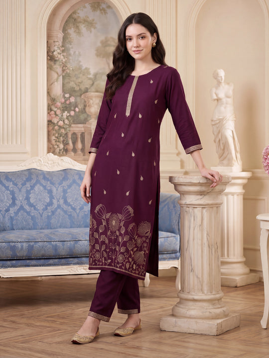 Indo Era Burgundy Embroidered Straight Kurta Trousers Set