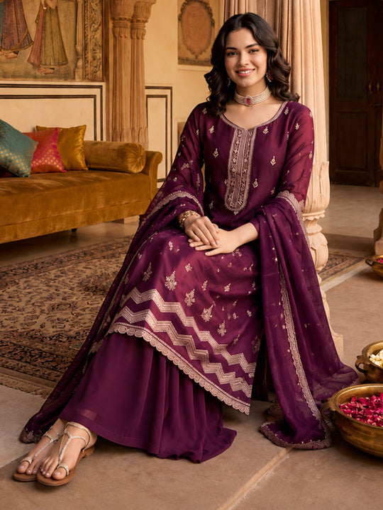 Burgundy Embroidered Sharara Suit With Dupatta