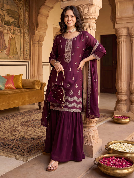 Burgundy Embroidered Sharara Suit With Dupatta