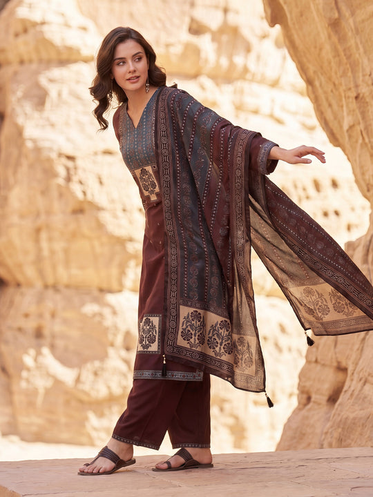 Indo era Maroon Printed Straight Kurta Trousers With Dupatta Set