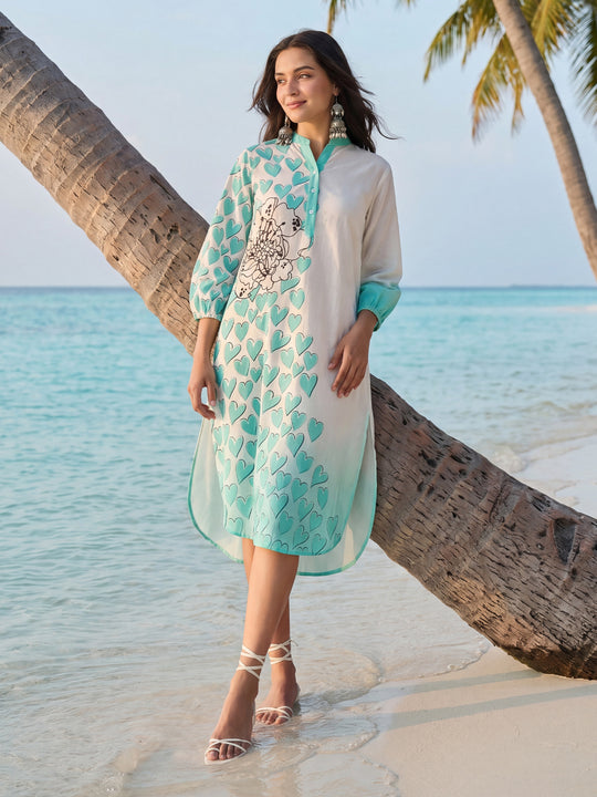 Indo Era Sea Green Printed A-Line Kurtas