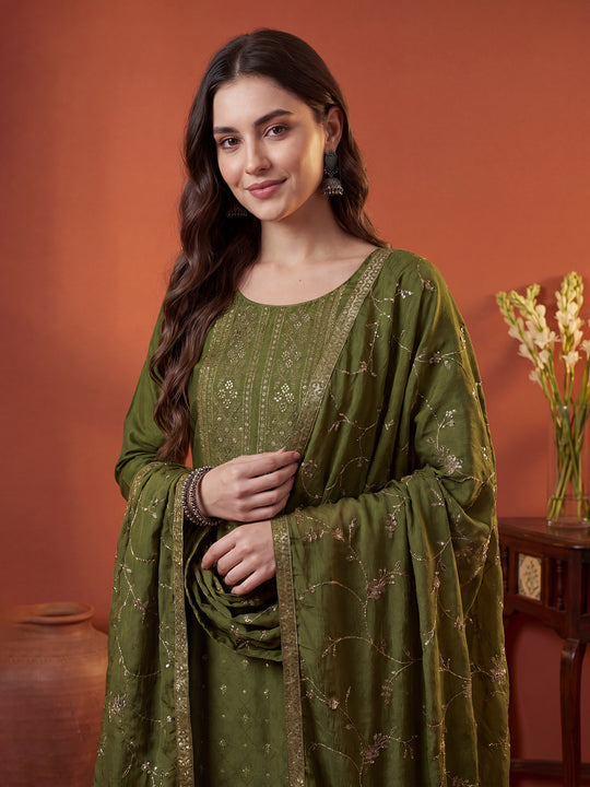 Green Woven Design Straight Silk Blend Suit With Dupatta